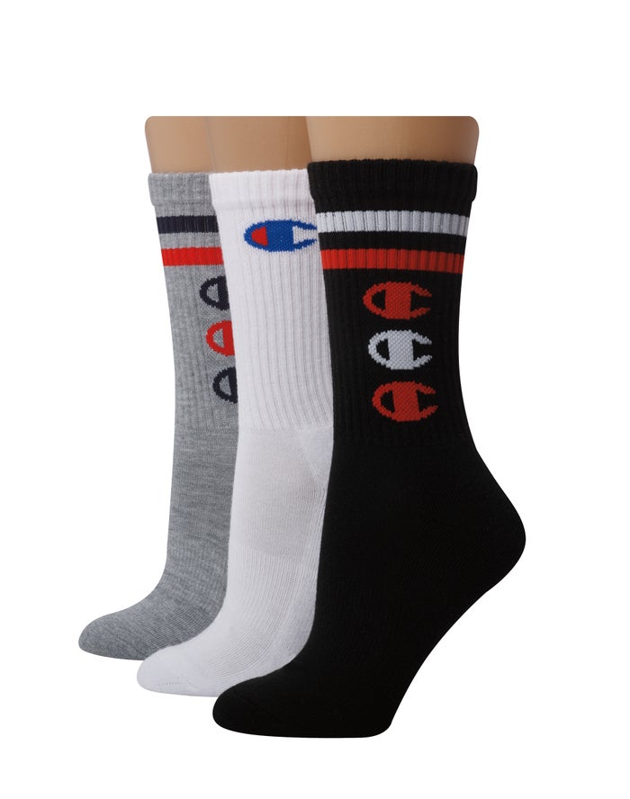 Calcetines Champion Mujer - Crew Stripes & C Logos 3-Pairs ( Negras/Gris/Blancas ) 3965208-BD